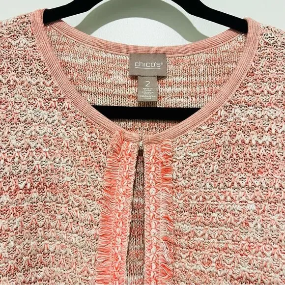 Chico’s Women’s Fringe Trim Pocket Cardigan in Pretty Pink Sz 2 (US L/12-14) NWT - Picture 5 of 14